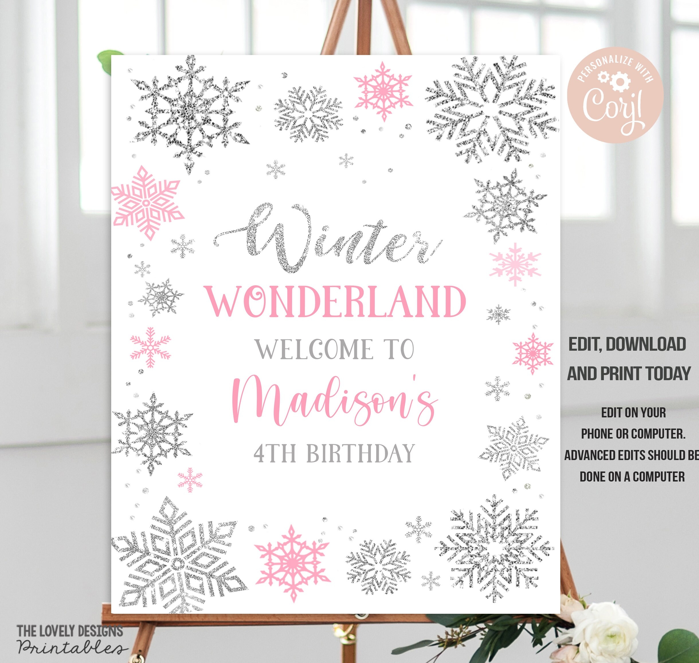Winter Wonderland Birthday Welcome Sign Pink Snowflakes printable Download Etsy