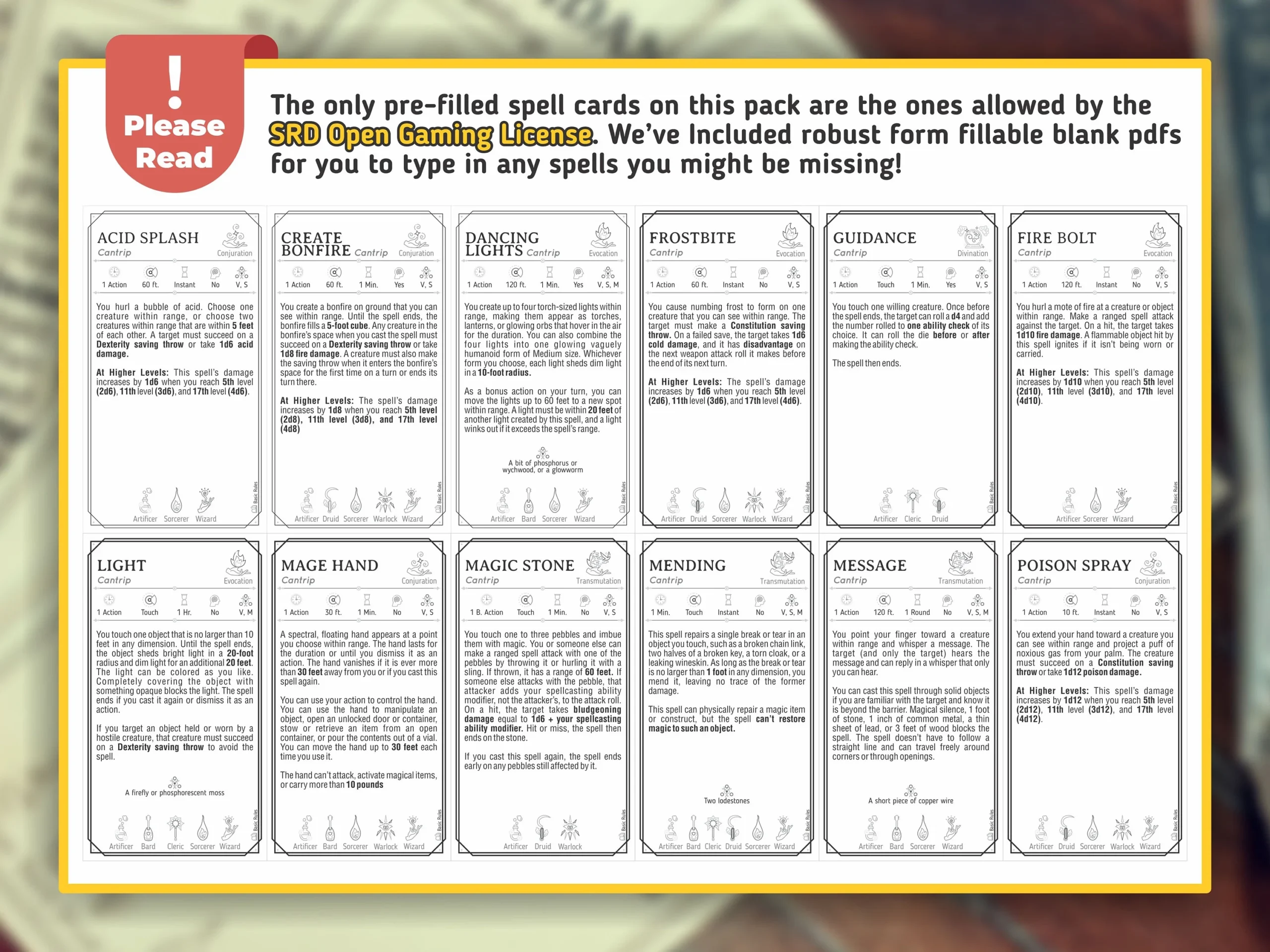 Wizard Spell Cards For D D 5e Printable Fillable PDFs