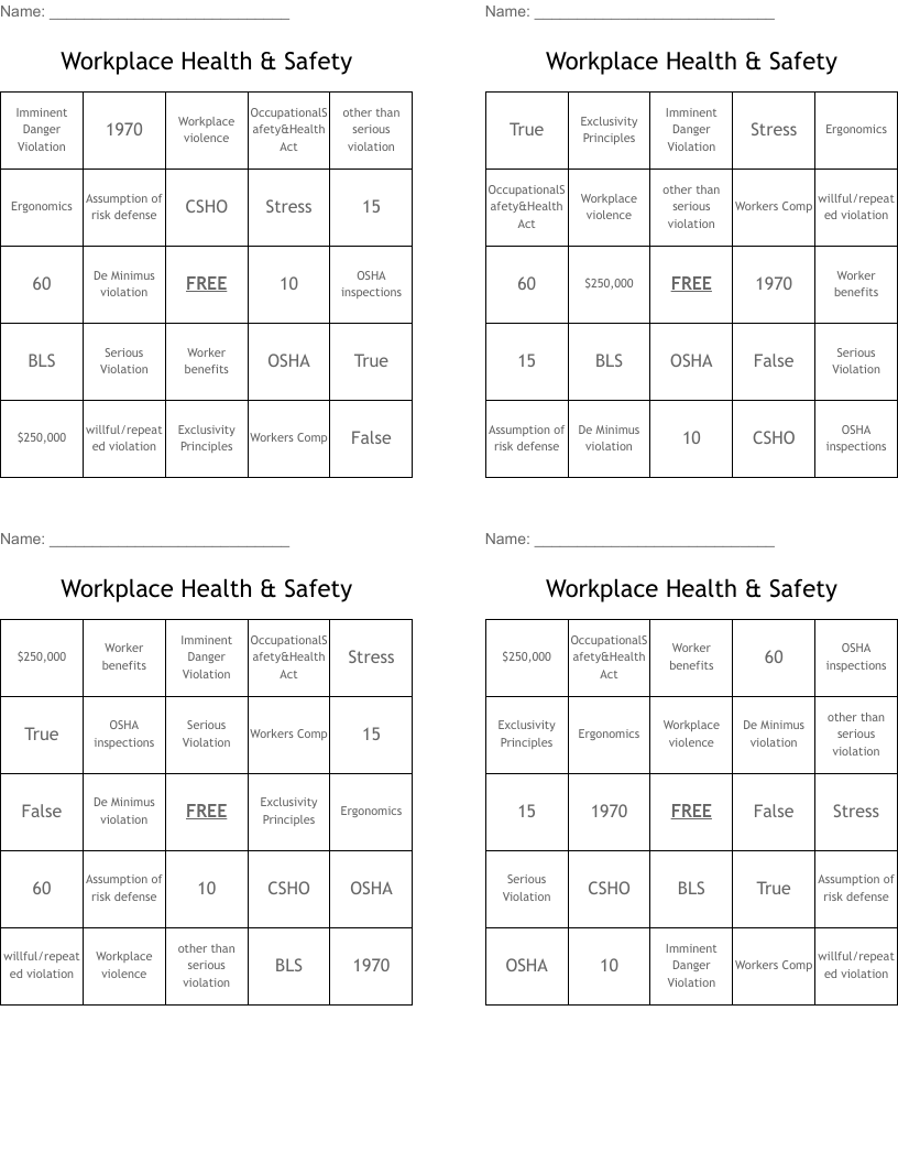 Buy Printable Safety Bingo Sheets
