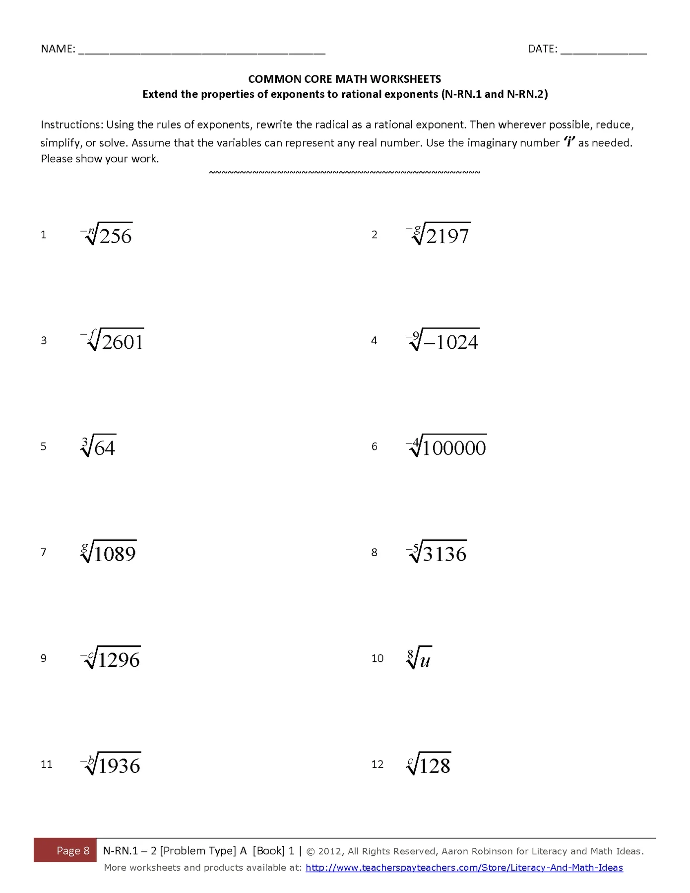 Rational Exponents Printable Quiz