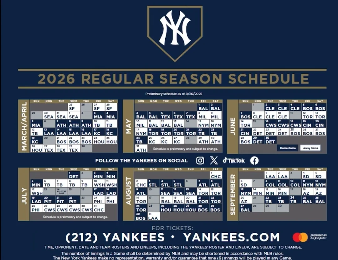 Yankees 2026 Schedule R NYYankees