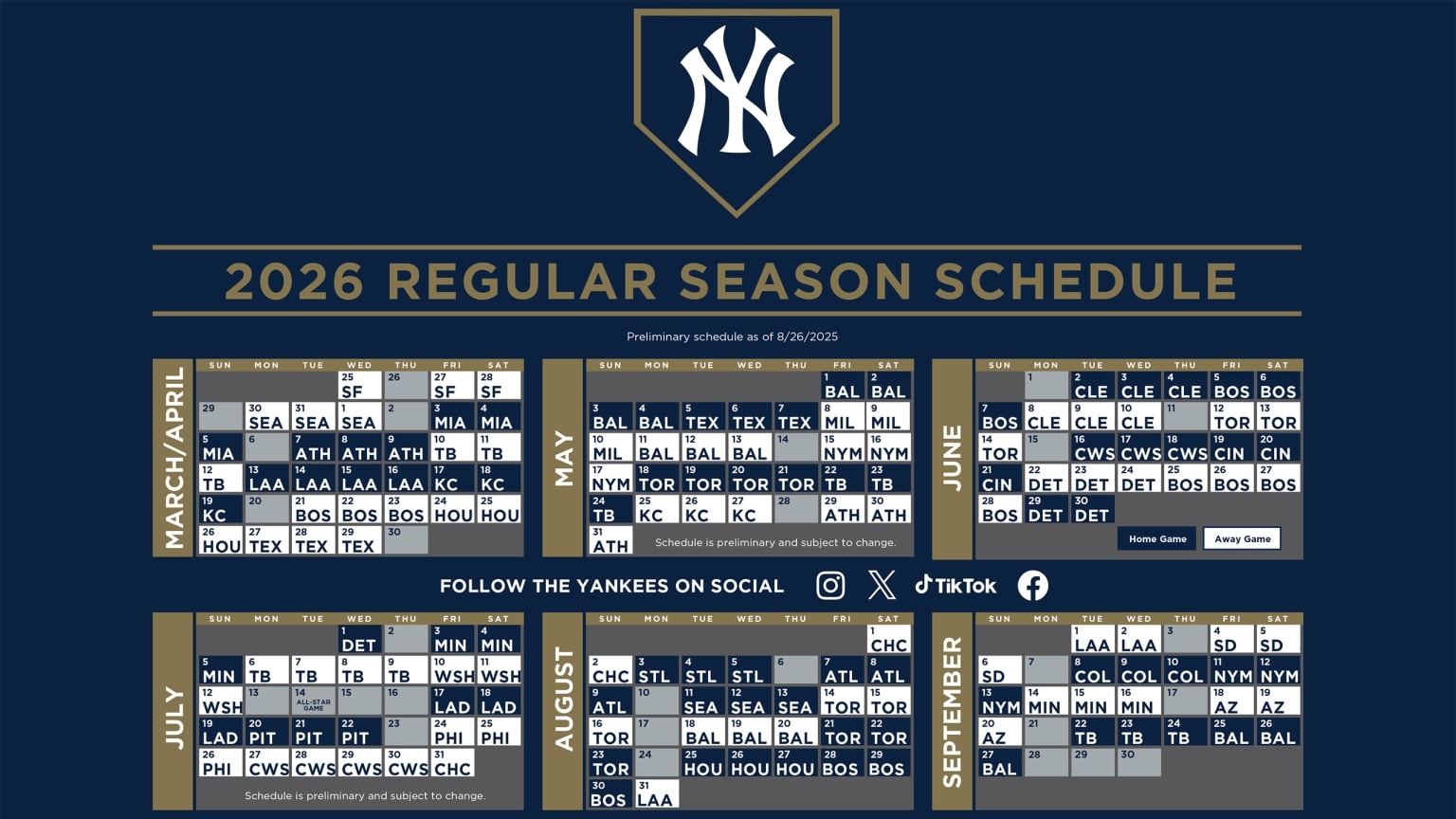 Yankees Printable 2026 Schedule