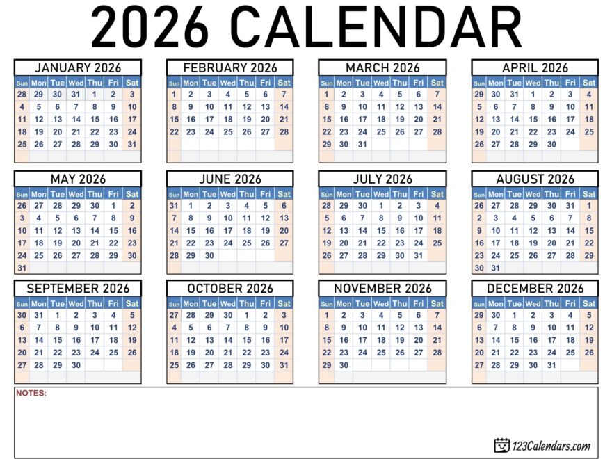 Year 2026 Calendar Templates 123Calendars